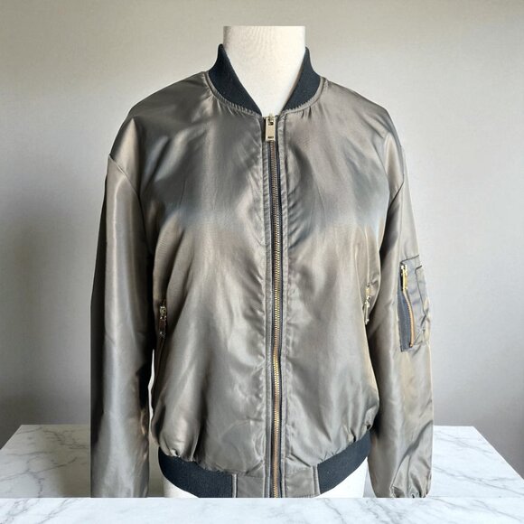 Zara Basic Olive Green Unisex Bomber Jacket Zip Pockets Sleeve Pocket Size Small - Picture 15 of 15